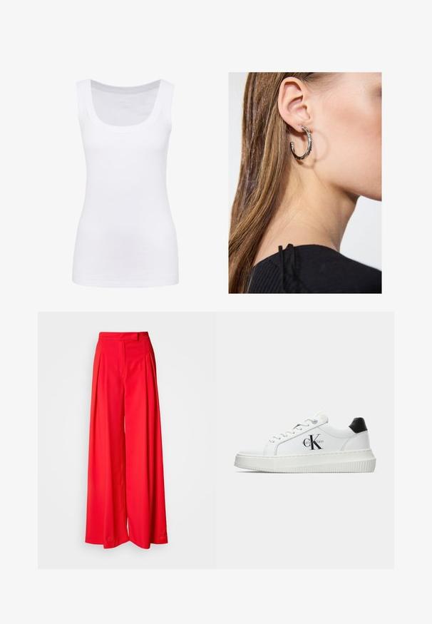 Bijeli bezrukavac majica izrađena od glatkog materijala, s okruglim izrezom i krojem koji prati liniju tijela. Nema vidljivih uzoraka ili akcenata.; Crvene široke hlače od glatkog materijala, s prednjim nabranicama, ravnim strukom i prilagođenim krojem. Dizajn naglašava fluidnu siluetu.; Bijeli niskotoperani tenisice s crnom petom, platformom, vezicama i "CK" logotipom Calvin Kleina sa strane.; Srebrna kružna naušnica s poliranim završetkom, koja ima male zlatne detalje i okrugli oblik, nošena na uhu.