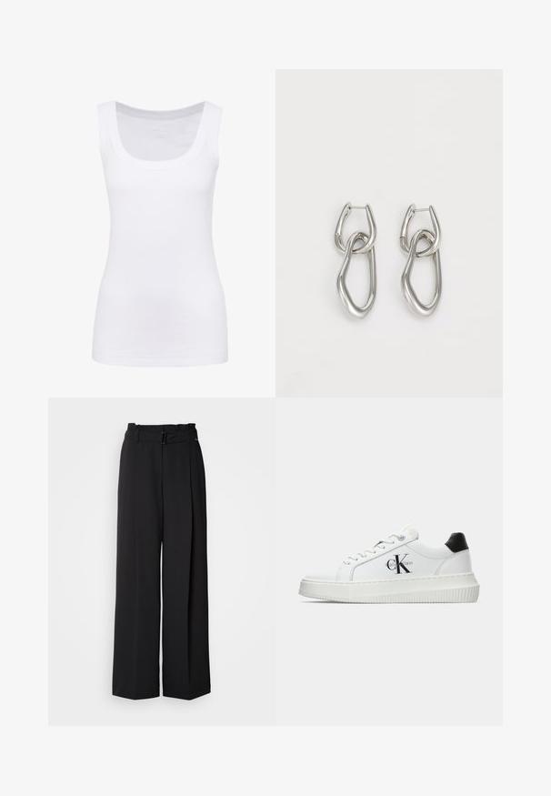 White sleeveless tank top made of smooth fabric, featuring a rounded neckline and a fitted silhouette. No visible patterns or accents.; Black wide-leg trousers with a high waist, featuring a belt with a buckle and two front pleats for added structure. Smooth texture.; White low-top sneaker with black heel tab, platform sole, laces, and Calvin Klein "CK" logo on the side.; Calvin Klein STATEMENT LINKS - Earrings - silver-coloured