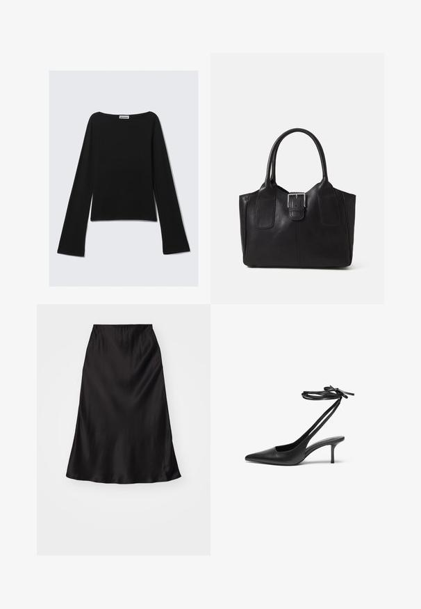 Schwarzes langärmliges Top mit Bootsausschnitt, aus weichem Stoff gefertigt. Hat einen geraden Schnitt mit Seitenschlitzen, Etikett am Ausschnitt sichtbar.; Schwarzer Satin-Rock im Slip-Stil mit glatter Textur, ausgestellter Form und elastischem Bund. Minimalistisches Design, keine zusätzlichen Muster oder Akzente.; Schwarzer Leder-Stiletto mit spitzem Zehenbereich, offenem Fersenbereich und mit einer Schleife gebundenen Knöchelriemen. Schlanker 3-Zoll-Absatz. Glatte Textur, minimalistisches Design.; Schwarze Leder-Tote mit glatter Textur, strukturiertem Design, zwei Griffen und einem auffälligen silbernen Schnallen-Detail auf der Vorderseite.