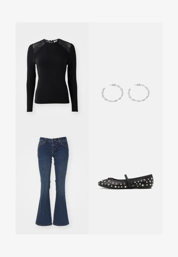 Fekete, hosszú ujjú felső, puha anyagból, csipkés díszítéssel a vállakon és kerek nyakkivágással, csipke szegéllyel.; Kacsintó kék farmernadrág, amely pamutból készült, közepes derékkal, öt zsebes kialakítással és kontrasztos varrással a varratok mentén.; Fekete balettcipő bőrből, díszes ezüst szegecsekkel. A cipőn található egy pánt a lábfejen, valamint kerek orrú kialakítás.; Ezüst karika fülbevalók csavart kialakítással, fényes felülettel és fülbevaló tűzáras zárással. Átmérőjük körülbelül 3 cm.