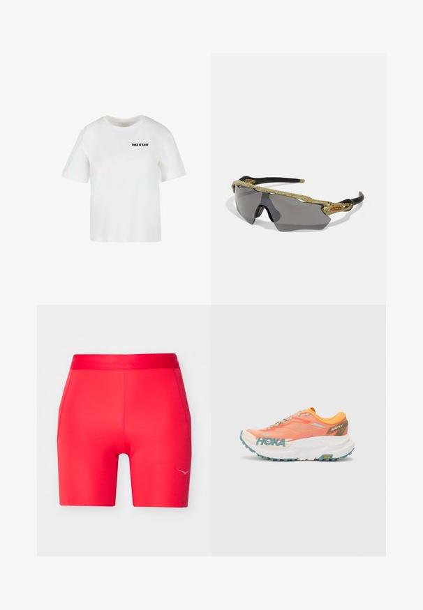 Fehér, rövid ujjú pamut póló, kerek nyakkivágással, elöl fekete színű "TAKE IT EASY" felirattal.; HOKA NOVAFLY - Rövid futóharisnya - cerise; Narancssárga és rózsaszín futócipő, hálós felsőrésszel, fehér középtalppal, Vibram talppal és világoskék részletekkel. Az oldalán HOKA felirat található.; Zöld mintás kerettel, fekete szárakkal és szürke lencsékkel rendelkező sport napszemüveg. A dizájn körbeölelő stílust és merész, sportos formát mutat.