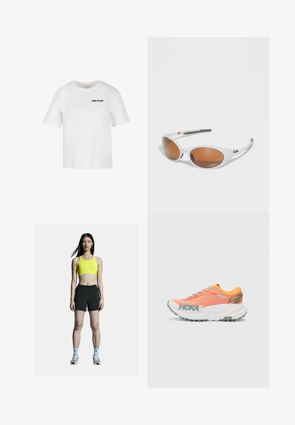Witte korte mouwen t-shirt van katoen, met een ronde halslijn en de tekst "TAKE IT EASY" in het zwart gedrukt op de voorkant.; Geel sportbeha met een cropped ontwerp, gecombineerd met zwarte sportshorts. Heeft grijze schoenen met gele accenten en lichtblauwe sokken.; Oranje en roze hardloopschoen met een bovenwerk van mesh, witte tussenzool, Vibram-buitenzool en lichte blauwe accenten. Bevat HOKA-branding aan de zijkant.; Witte zonnebril met bruine lenzen, ovale vorm, gemaakt van glad plastic, met grijze accenten op de armen en een logo op het montuur.