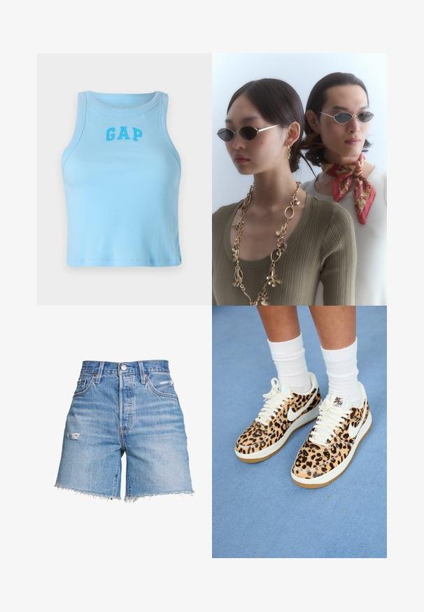 Gaiši zila ribota bez piedurknēm ar noapaļotu kakla izgriezumu un drosmīgu fontu "GAP" logo, izceļot pieguļošu dizainu un taisnu apakšmalu.; Levi's® 501® MID THIGH - Džinsa auduma šorti - denim; Lapsuļu raksta Nike Air Force 1 kedas ar baltām šņorēm un swoosh, ar brūnu gumijas zoli un teksturētu augšpusi. Redzamas baltas sporta zeķes.; Apaļas saulesbrilles ar tumšiem stikliem un plānām sudraba apmales. Viens cilvēks valkā zelta ķēdi ap kaklu, kamēr otram ir sarkana rakstaina šalle.