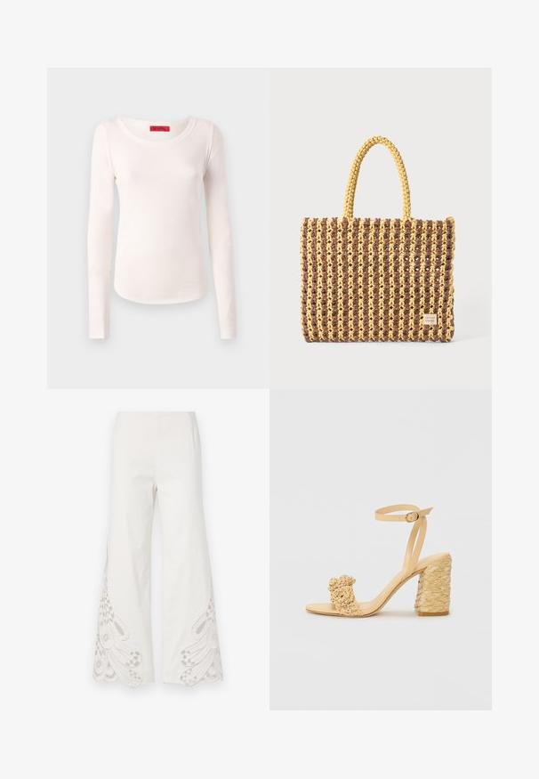 Pikad varrukad pehmest, kergest, kreemjavalgest kangast. Omab ümmargust kaelust ja keha ligi lõikega, minimaalsete õmblusdetailidega.; Valgedest kangast laiad püksid, millel on keerukad beežid tikandid ja lainelised servad alumistel säärtel.; Beez kõrge kontsaga sandaalid, millel on punutud tekstuur, dekoratiivne lilleke ja pahkluu rihm. Ruudukujuline konts tagab stabiilsuse.; Kootud kott pruunis ja kollases, millel on ristkülikukujuline kuju, kaks käepidet ja tekstureeritud viimistlus koos nähtava õmblusega ning brändi sildiga.