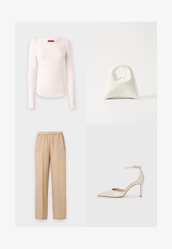 Pitkähihaisessa paidassa on pehmeä, kevyt ja luonnonvalkoinen kangas. Siinä on pyöreä pääntie ja vartalolle muotoiltu malli, jossa on vain vähän ommeltuja yksityiskohtia.; ASPESI PANTALONE - Housut - sabbia/sand; Valkoinen nahkainen korkokenkä, jossa on terävä kärkinen muoto, nilkkaremmi ja kapea korko. Suora pinta, jossa on hienovarainen kiiltävä viimeistely.; Valkoinen käsilaukku, jossa on teksturoitu, kaareva muotoilu. Varustettu erottuvalla kahvalla ja pyöristetyllä pohjalla, hienostuneella pinnalla ja vähäisellä varustuksella.