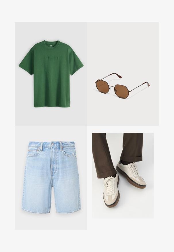 Roheline puuvillane T-särk lühikeste varrukatega, millel on esiküljel toon-toonis kirjaõmblusega logo "Levi Strauss & Co." ja klassikaline ringkaeluse disain.; Heledad sinised teksatšortid klassikalise lõikega, viie tasku disainiga, rebenenud servadega ja kontrastsete õmblustega.; Bežid spordijalised, millel on tekstuuriga suede esiosa, siledast nahast küljed ja pruun kummitald. Lisatud on paelad ja heledad õmbluse detailid.; Pruunid kaheksanurkse kujuga päikeseprillid, millel on õhukesed tumedast metallist raame, reguleeritavad nina padjad ja pruuni tooniga objektiivid; tempel on varustatud oranži aktsendiga.