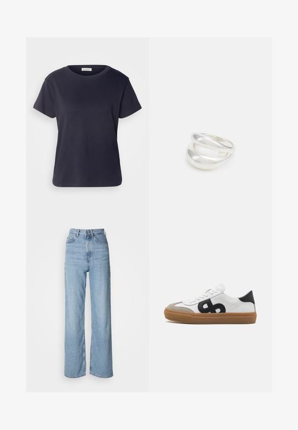 Granatowa bawełniana koszulka z okrągłym dekoltem, krótki rękaw i luźny krój. Gładka tekstura i minimalistyczny design, bez widocznych wzorów.; Jasnoniebieskie jeansy z wysokim stanem i prostą nogawką, wykonane z denimu, z zapięciem na przedni guzik i delikatnymi efektami przecierania.; Białe skórzane sneakersy z czarnym logo, zamszowymi akcentami i gumową podeszwą. Wyposażone w płaskie białe sznurowadła i zaokrąglony przód.; Srebrna obrączka podwójna z gładką, polerowaną powierzchnią. Posiada płynny, zakrzywiony kształt z nakładającymi się sekcjami, co nadaje nowoczesny wygląd.