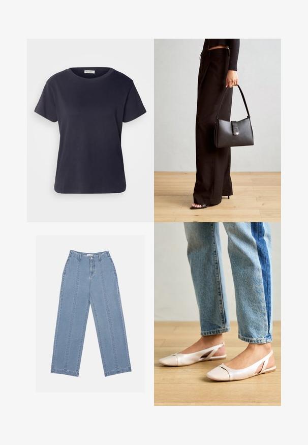 Jūrų mėlynos spalvos medvilnės T-marškiniai su apvalia iškirpte, trumpomis rankovėmis ir laisvu sijonu. Lygus paviršius ir minimalus dizainas, be matomų raštų.; Šviesiai mėlynos plačios kojų džinsai, pagaminti iš denimo. Turi aukštą liemenį, mygtukų užsegimą ir matomą siuvimą. Priekyje nematyti kišenių.; Šviesiai rožiniai slingback baleto bateliai su smailiu pirštu, pagaminti iš lygios odai panašios medžiagos. Yra išpjovimų detalės šonuose ir plokščias kulnas.; Juodas rankinė struktūrizuota forma, lygi tekstūra ir metalinis užsegimas. Suporuota su plačiomis juodomis kelnėmis ir atvirais bateliais ant medinių grindų.