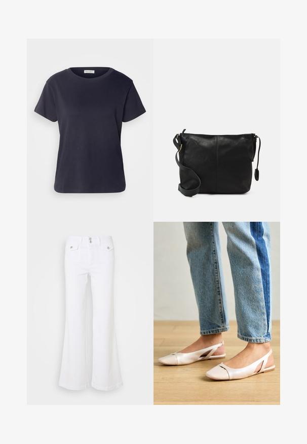 Tricou din bumbac de culoare albastru marin, cu decolteu rotund, mâneci scurte și croială lejeră. Textură netedă și design minimalist, fără modele vizibile.; Jeans albe evazate din denim, cu talie înaltă, două buzunare frontale și accente de buton argintiu pe un fundal simplu.; Sandalete plate de un roz pal cu vârf ascuțit, realizate dintr-un material asemănător pielii, neted. Prezintă detalii decupate pe laterale și un toc plat.; Geantă de umăr din piele neagră, cu o formă plată, accente de metal auriu și o curea ajustabilă. Textură netedă cu detalii de cusătură minime.