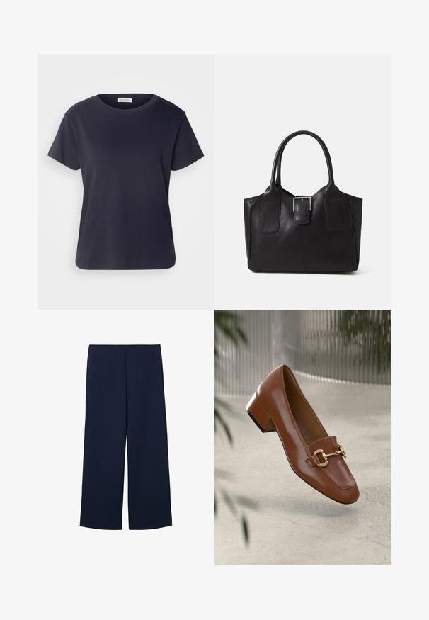 Jūrų mėlynos spalvos medvilnės T-marškiniai su apvalia iškirpte, trumpomis rankovėmis ir laisvu sijonu. Lygus paviršius ir minimalus dizainas, be matomų raštų.; Jūriniai plataus kojų kelniai, pagaminti iš lengvos medžiagos, su švariu dizainu ir tiesiu kirpimu, šoninėmis kišenėmis ir nematomais užsegimais.; Rudi lakinės odos loafer'iai su kvadrato formos nosimi, metalinėmis grandinėlių detalėmis ir žemu blokiniu kulnu; sklandus tekstūra, minimalistinis dizainas.; Juodas odinis nešiojamas krepšys su lygiu paviršiumi, struktūrine forma, dviem rankenėlėmis ir ryškiu sidabriniu sagties akcentu priekyje.