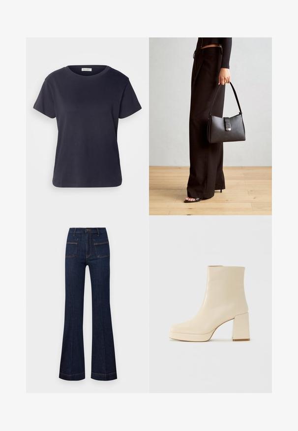 T-shirt en coton bleu marine avec un col rond, des manches courtes et une coupe décontractée. Texture lisse et design minimaliste, sans motifs visibles.; Jean flare en denim foncé avec une coupe ajustée, taille haute et des coutures contrastantes orange. Deux poches à l'avant et à l'arrière.; Botte chelsea en cuir beige avec un talon bloc et une semelle à plateforme, finition lisse et pointe légèrement carrée, tournée vers la gauche sur un fond blanc.; Sac à main noir à la forme structurée, texture lisse et fermoir métallique. Associé à un pantalon noir ample et des sandales ouvertes sur un sol en bois.