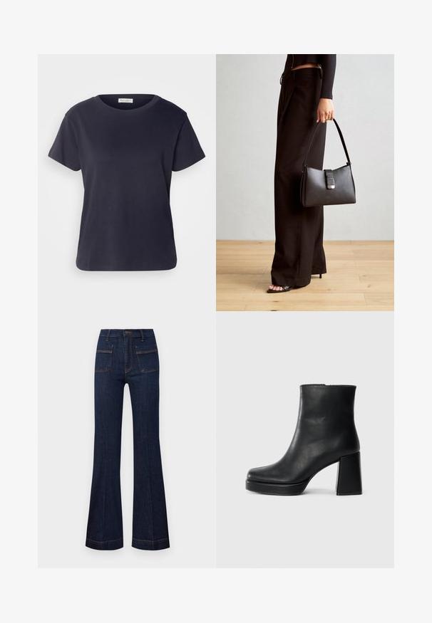 Navy plava pamučna majica s okruglim izrezom, kratkim rukavima i opuštenim krojem. Glatka tekstura i minimalistički dizajn, bez vidljivih uzoraka.; Tamne traperice s flared krojem u tamnoplavoj boji, s prilagođenom siluetom, visokim strukom i kontrastnim narančastim šavovima. Uključene su dvije prednje i stražnje džepove.; Crna kožna čizma do gležnja s blok petom i platformom, prikazana s bočne strane na jednostavnoj bijeloj pozadini.; Crna torba s oblikom koji sadrži strukturu, glađu teksturu i metalnu kopču. Uparena s širokim crnim hlačama i sandalama na otvorenom s drvenog poda.