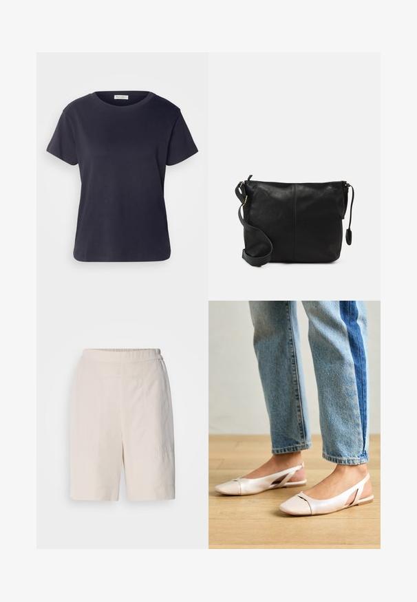 Tumed sinine puuvillane T-särk ümmarguse kaelusega, lühikeste varrukatega ja lõdva stiiliga. Sile tekstuur ja minimalistlik disain, ilma nähtavate mustriteta.; Kreemivärvilised lühikesed püksid mugava lõikega, lamedate esitaskutega, elastse vöökoha ja külgedel delikaatsete õmblusdetailidega.; Kahvatu roosa slingback lapikute jalatsite paar, millel on terav varvas, valmistatud siledast nahataolisest materjalist. Omab külgedel lõikekohti ja lapikut kontsa.; Must värvi nahast ristiõlakott, millel on lame kuju, kuldne metallist detailide aktsent ja reguleeritav rihm. Sile tekstuur väheste õmblusdetailidega.