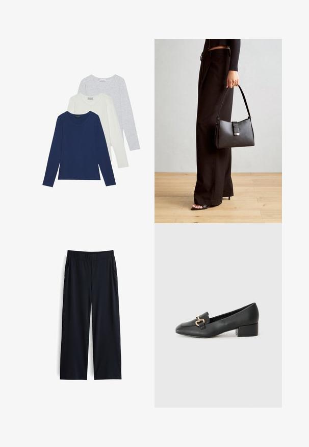 Set van drie langermige shirts in marineblauw, wit en lichtgrijs. Elk heeft een ronde halslijn en een gladde stofstructuur.; Zwarte wijde broek gemaakt van soepel, lichtgewicht materiaal. Voorzien van een elastische tailleband en zijzakken. Ontworpen voor een ontspannen pasvorm.; Zwarte lederen instappers met een platte hak, met een decoratieve gouden hardware detail aan de voorkant en een gladde textuur.; Zwarte handtas met gestructureerde vorm, gladde textuur en een metalen sluiting. Gecombineerd met brede zwarte broeken en sandalen met open teen op een houten vloer.