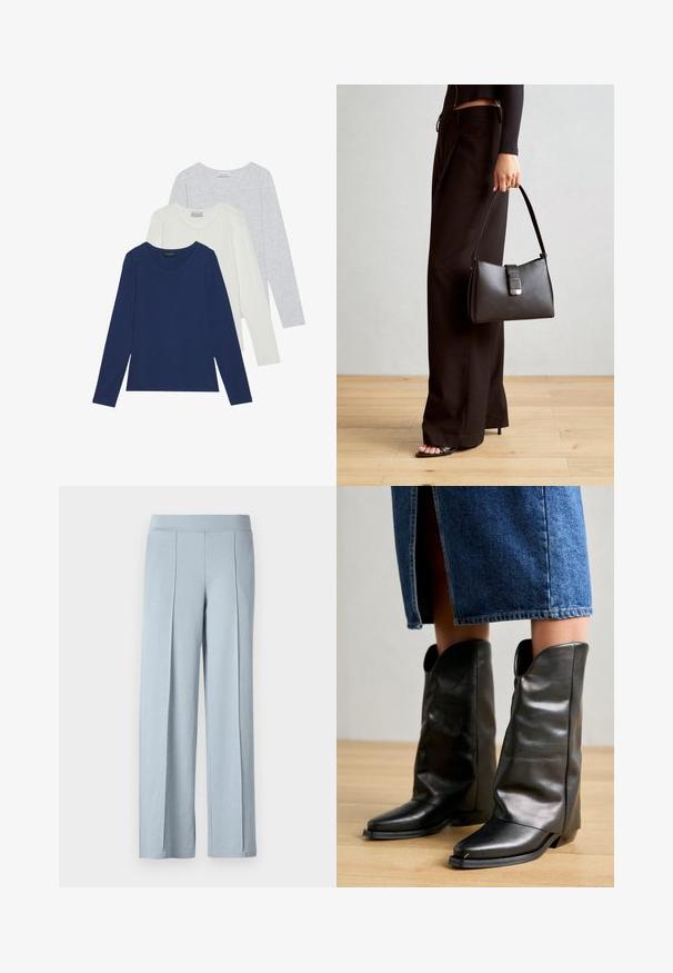Conjunto de três camisetas de mangas longas nas cores azul-marinho, branco e cinza-claro. Cada uma apresenta um decote redondo e uma textura de tecido suave.; Calças largas de cor azul clara, feitas de um tecido suave, com um cós liso e pregas frontais para um ajuste descontraído.; Pavement CALLISTA - Botas de cowboy/motociclista - black; Bolsa preta com forma estruturada, textura suave e um fecho metálico. Combinada com calças largas pretas e sandálias de salto aberto sobre um chão de madeira.