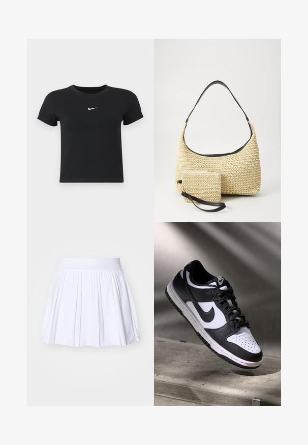 Črna kratka majica z rokavi iz bombaža s krožnim vratnim izrezom. Ima bel Nike logotip na prsih, minimalističen dizajn in oprijet kroj.; Bela plisirana krila z mehnim elastičnim pasom, ki se ponaša z gladko teksturo in minimalističnim dizajnom brez dodatnih vzorcev ali akcentov.; Črno-bel Nike Dunk Low čevelj z usnjenim zgornjim delom, perforiranim prstnim delom in črnimi vezalkami, z belim podplatom in logotipnimi detajli.; Tkana torbica iz slame s zakrivljenim siluetom, ki vključuje gladek črn usnjen trak in usklajen majhen žep, pritrjen z ročajem za zapestje.
