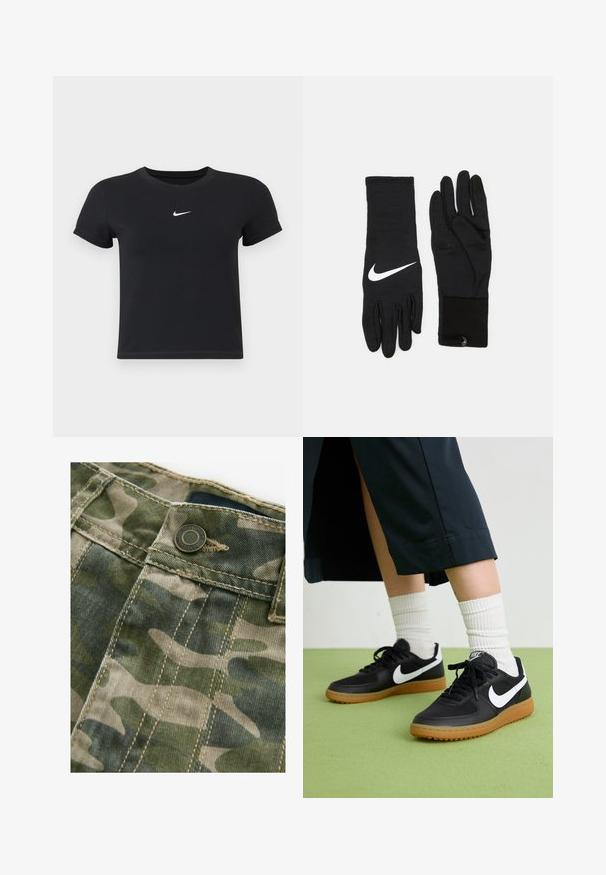 Czarny krótki rękaw t-shirt wykonany z bawełny, z okrągłym dekoltem. Posiada białe logo Nike na piersi, minimalistyczny wzór oraz dopasowany krój.; Tkanina w kamuflażowym wzorze w odcieniach zieleni i beżu z widocznymi szwami. Posiada metalowy guzik w talii, o teksturze denimu.; Czarne skórzane i syntetyczne sneakersy z białym logo Nike, gumową podeszwą, okrągłym noskiem i czarnymi sznurowadłami. Widziane są ribbowane białe skarpetki.; Czarne rękawice sportowe z białym logo Nike, z teksturowanym uchwytem na palcach i dopasowanym, elastycznym materiałem dla komfortu.
