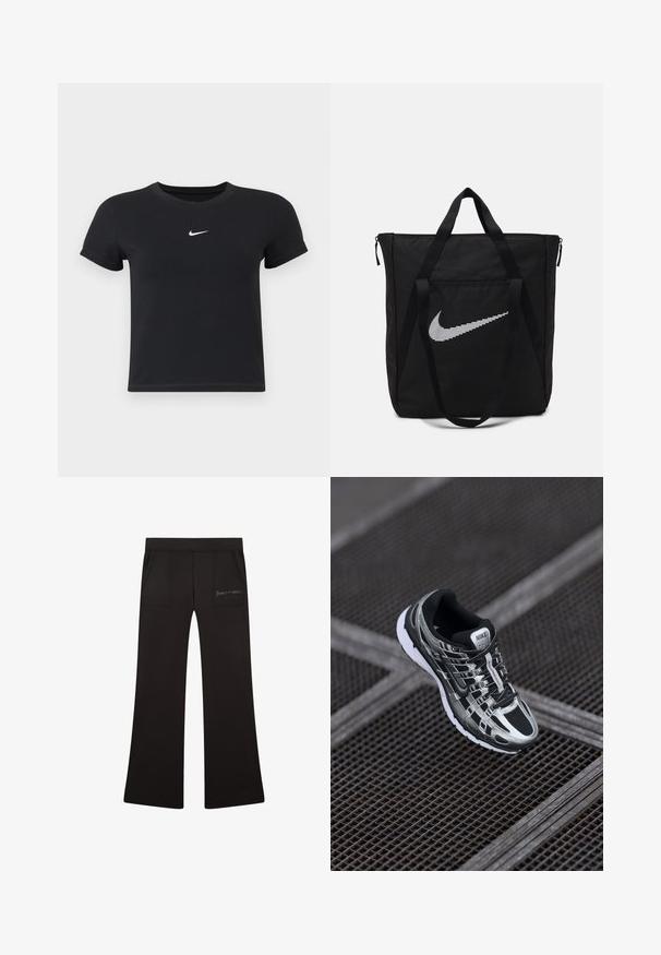 Zwarte katoenen t-shirt met korte mouwen en ronde hals. Voorzien van een wit Nike-logo op de borst, minimalistisch ontwerp en een aansluitende pasvorm.; Zwarte flared broeken van rekbare stof, met twee voorzakken en een subtiele logo-detail op een zak. Glad materiaal.; Nike hardloopschoen met een zwart en zilver kleurenschema, bovenwerk van mesh, tekstuurzool en vetersysteem voor een veilige pasvorm.; Zwarte nylon tas met twee stevige handvatten en ritsluiting. Bevat een opvallend wit Nike swoosh-logo in een horizontaal gestreept design.