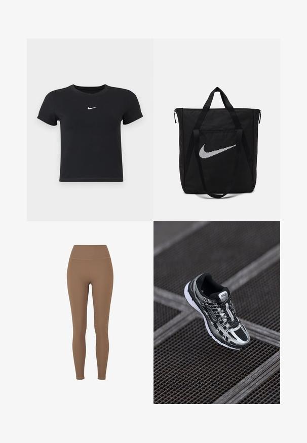 T-shirt noir à manches courtes en coton avec un col rond. Présente un logo Nike blanc sur la poitrine, un design minimaliste et une coupe ajustée.; Leggings marron côtelés avec une taille haute. Le tissu semble extensible et lisse, avec des coutures minimales et sans motifs visibles.; Chaussure de course Nike avec un design noir et argent, tige en mesh, semelle texturée et système de laçage pour un maintien sécurisé.; Sac en nylon noir avec deux poignées robustes et fermeture éclair. Présente un logo Swoosh blanc Nike en design rayé horizontal.