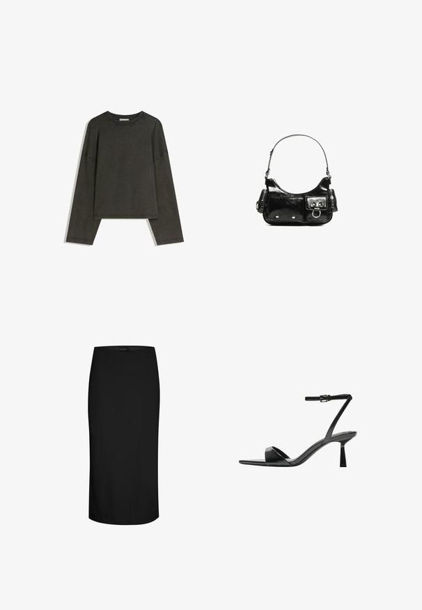 Tricou lung cu maneci gri închis, realizat dintr-un amestec de bumbac. Formă pătrată cu guler rotund și umeri căzuți, prezentând cusături vizibile.; Fustă bleumarin dintr-un material neted, cu un design ajustat, lungime până la genunchi și un detaliu cu cusătură asimetrică pe o parte.; Bershka Sandale cu toc - black; Geantă de mână din piele lăcuită neagră, cu o formă curbată, un umăr, buzunare frontale și accente din metal argintiu.