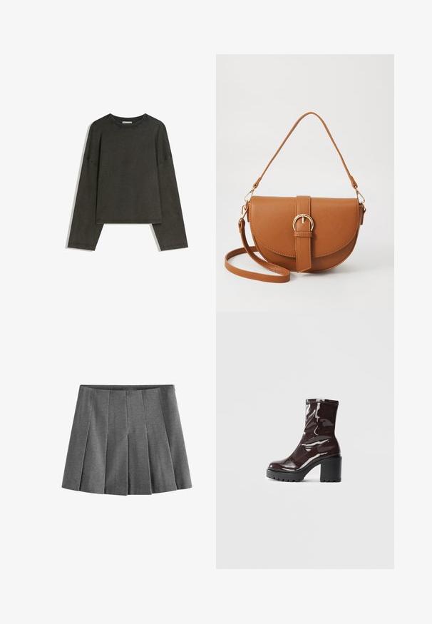 Sötétszürke, hosszú ujjú felső, pamut-összeállítású anyagból. Téglalap alakú, kerek nyakkivágással és lejjebb húzott vállakkal, látható varrásokkal.; Szürke, lágy anyagból készült redőzött szoknya, egyenletesen elhelyezett szoros redőkkel és derékpánttal a szoros illeszkedés érdekében.; Fényes bordó bokacsizma vastag fekete sarokkal, sima felülettel és egyszerű dizájnnal. Nincsenek látható zárak vagy minták.; Barna bőr keresztbody táska ívelt formával, aranyszínű fémrészekkel és csat díszítéssel. Levehető vállpánttal rendelkezik.