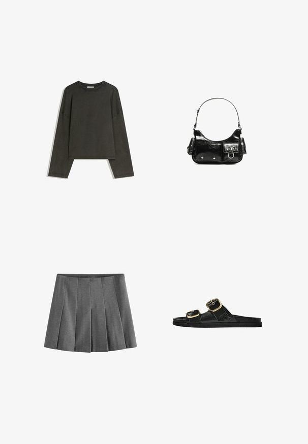 Tamna siva majica dugih rukava izrađena od pamuka i elastina. Kutni kroj s okruglim izrezom i spuštenim ramenima, s vidljivim šavovima.; Sivi plisirani юбка izrađena od mekog materijala, sa ravnomjerno raspoređenim nožnim plisovima i pojasom za usklađen izgled.; Crne sandale na klizanje s dva zlatna akcenta u obliku kopči, glatkog teksturiranog materijala, ravnim potplatom i minimalističkim dizajnom.; Crna patentna kožna torba s zakrivljenim oblikom, jednim remenom za rame, prednjim džepovima i akcentima od srebrnog tona.