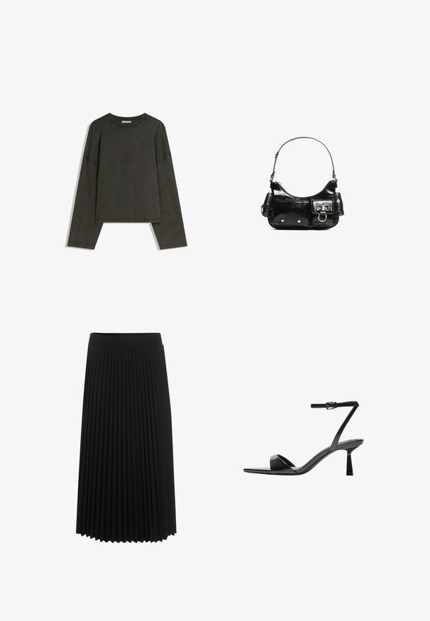 Haut à manches longues gris foncé en tissu mélangé coton. Forme oversize avec un col rond et des épaules basses, présentant des coutures visibles.; Jupe plissée noire avec une large ceinture élastique, longueur genou, mettant en valeur des plis verticaux pour la texture et le mouvement.; Bershka Sandales à talons hauts - black; Sac à main en cuir verni noir avec une forme incurvée, une bandoulière, des poches avant et des accents en métal argenté.