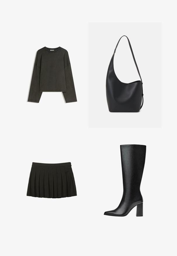 Tmavě šedý dlouhý rukáv top vyrobený z bavlněné směsi. Krabicový střih s kulatým výstřihem a spadlými rameny, s viditelným šitím.; Černá plizovaná mini sukně s přiléhavým pasem a bočním zipovým zapínáním, vystavená na bílém pozadí.; Černé kozačky nad kolena vyrobené z umělé kůže s špičatou špičkou, hladkým povrchem a robustním blokovým podpatkem. Minimalistický design bez viditelných dekorací.; Černá kožená hobo taška s hladkým povrchem, zakřiveným tvarem a jedním nastavitelným popruhem; má široké otevírání nahoře.