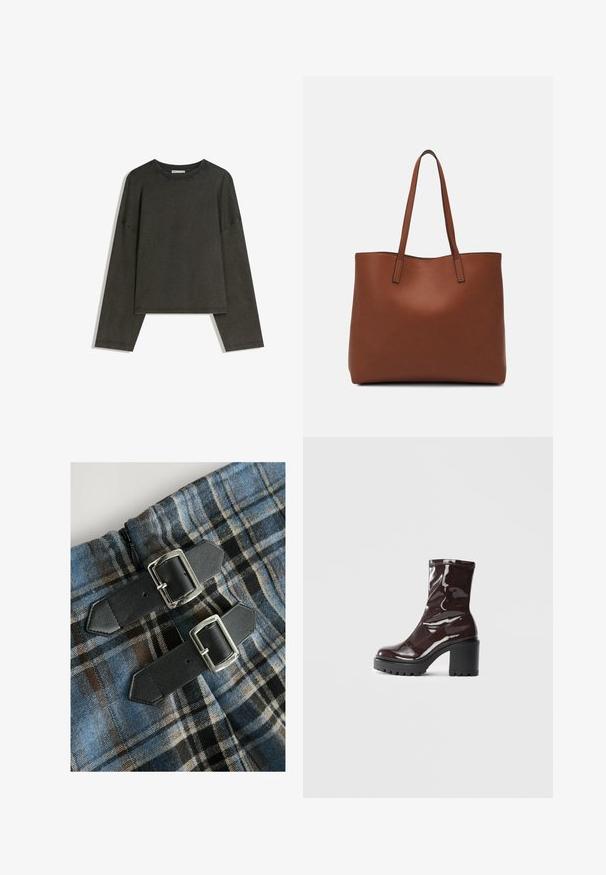 Sötétszürke, hosszú ujjú felső, pamut-összeállítású anyagból. Téglalap alakú, kerek nyakkivágással és lejjebb húzott vállakkal, látható varrásokkal.; Kockás textil kék, barna és fekete színekben, két fekete műbőr hevederrel, ezüst csatokkal a deréknál. Cipzár látható.; Fényes bordó bokacsizma vastag fekete sarokkal, sima felülettel és egyszerű dizájnnal. Nincsenek látható zárak vagy minták.; Barna bőr vászontáska sima textúrával, nyitott tetejű dizájnnal és két vállpánttal. Minimális varrással és látható hardver nélkül készült.