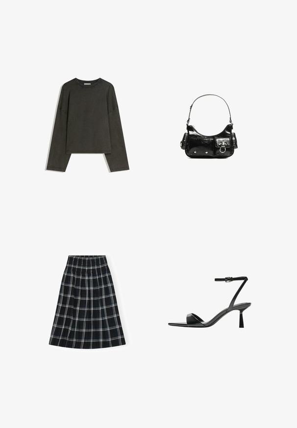 Ciemnoszara bluzka z długim rękawem wykonana z mieszanki bawełny. Prosty krój z okrągłym dekoltem i opuszczonymi ramionami, z widocznymi szwami.; Czarna i biała spódnica w kratę z gumką w talii, do kolan, o rozkloszowanym kroju i miękkiej fakturze materiału.; Bershka - Sandały na obcasie; Czarna torebka z lakierowanej skóry o zaokrąglonym kształcie, z jednym paskiem na ramię, przednimi kieszeniami i akcentami w kolorze srebrnym.