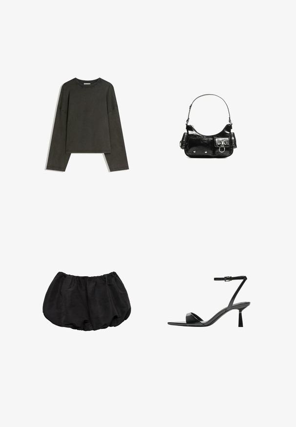 Temno siva dolga majica z dolgimi rokavi, izdelana iz bombažnega vlakna. Ima kvadratno obliko, okrogel izrez in spuščene ramena, z vidnimi šivi.; Črne bombažne kratke hlače s prožno elastiko v pasu, ki imajo ohlapen, zbrisan dizajn in minimalne šivanske detajle.; Bershka Sandali z visoko peto - black; Črna lakasta usnjena torbica s ukrivljeno obliko, enim ramenskim trakom, sprednjimi žepi in srebrnimi kovinskimi dodatki.
