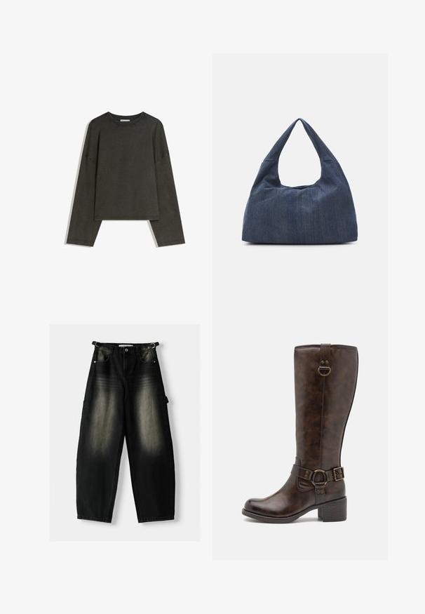 Haut à manches longues gris foncé en tissu mélangé coton. Forme oversize avec un col rond et des épaules basses, présentant des coutures visibles.; Pantalons en denim noir ample avec une texture décolorée, cinq poches et une boucle à la taille. Le design présente une coupe décontractée et des jambes droites.; Bottes en cuir marron à hauteur de genoux avec un bout arrondi, une sangle décorative, un matériel circulaire et un petit talon bloc. Texturé lisse dans l'ensemble.; Sac en denim bleu foncé avec une forme douce et flasque, doté d'une anse de style hobo et d'une surface texturée. Aucune accent matériel visible.