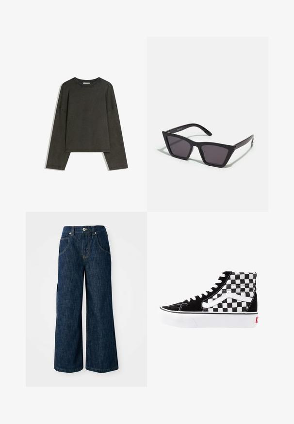 Tmavo šedý dlhý rukáv top vyrobený z bavlneného materiálu. Štvorcový strih s okrúhlym výstrihom a spustenými ramenami, s viditeľným stehom.; Tmavomodré denimové nohavice s širokými nohavicami majú vysoký pás, predné vrecká a kontrastné prešívanie. Tkanina má hladkú štruktúru a pevnú prax.; Čierno-biele vyššie tenisky s kockovaným vzorom, z semišového zvršku, kontrastnými bielymi šnúrkami a bielou gumovou podrážkou s červeným logom.; Čierne, ostré slnečné okuliare so sivými sklami; vyrobené z plastu, majú hrubé ramená s hladkým povrchom a bez viditeľnej mechaniky.; Olive zelená kožená kabelka so spadnutým dizajnom, obsahujúca rôzne veľkosti kruhových výrezov a akcenty v tmavších a svetlejších odtieňoch.