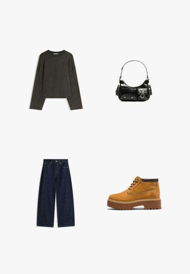 Tamna siva majica dugih rukava izrađena od pamuka i elastina. Kutni kroj s okruglim izrezom i spuštenim ramenima, s vidljivim šavovima.; Tamnoplave široke traper hlače s prednjim džepovima, kopčanjem na gumbe i vidljivim šavovima na bijeloj pozadini.; Smeđe kožne čizme do gležnja s zaobljenim vrhom, smešnim detaljima, debelim platformastim đonom i kontrastnim žutim vezicama. Imaju logo sa strane.; Crna patentna kožna torba s zakrivljenim oblikom, jednim remenom za rame, prednjim džepovima i akcentima od srebrnog tona.