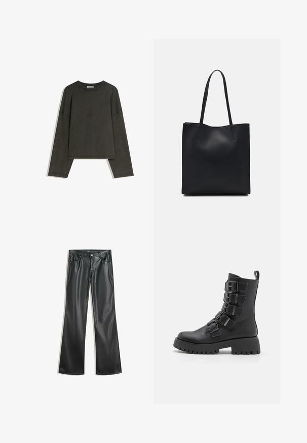 Dark grey long-sleeve top made of cotton-blend fabric. Boxy shape with a round neckline and dropped shoulders, featuring visible stitching.; Black faux leather flared pants with a smooth texture, five-pocket design, front zipper, and contrasting stitching.; Black ankle boots made of leather, featuring multiple metal buckles, a thick platform sole, and a pull tab at the back.; Black leather tote bag with smooth texture, rectangular shape, and two long handles. No visible hardware or embellishments.