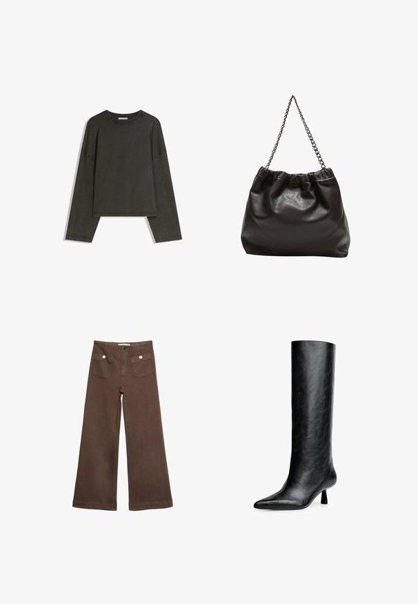 Temno siva dolga majica z dolgimi rokavi, izdelana iz bombažnega vlakna. Ima kvadratno obliko, okrogel izrez in spuščene ramena, z vidnimi šivi.; Svetlo rjave široke hlače iz bombaža, ki vključujejo dva sprednja žepa s srebrnimi gumbi in gladko teksturo.; Črne gležnjeke do kolen, narejene iz strukturirane usnje. Imajo koničast toe in majhen, razširjen peto. Eleganten, gladek dizajn z minimalnimi poudarki.; Rjava usnjena torba z nabranim vrhom in verižnim trakom. Gladka tekstura z sijajno površino in subtilnimi šivi na straneh.