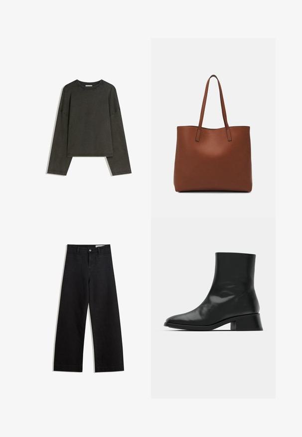 Tamna siva majica dugih rukava izrađena od pamuka i elastina. Kutni kroj s okruglim izrezom i spuštenim ramenima, s vidljivim šavovima.; Crne široke traperice s visokim strukom, s prednjim i stražnjim džepovima, šivenim šavovima i kopčanjem na gumb. Glatka tekstura.; Crne gležnjače od sjajne kože, s elegantnim dizajnom, šiljatim vrhom i umjerenom blok petom za stabilnost.; Smeđa kožna torba preko ramena s glatkom teksturom, otvorenim vrhom i dvjema naramenicama. Ima minimalne šavove i nema vidljivog hardvera.