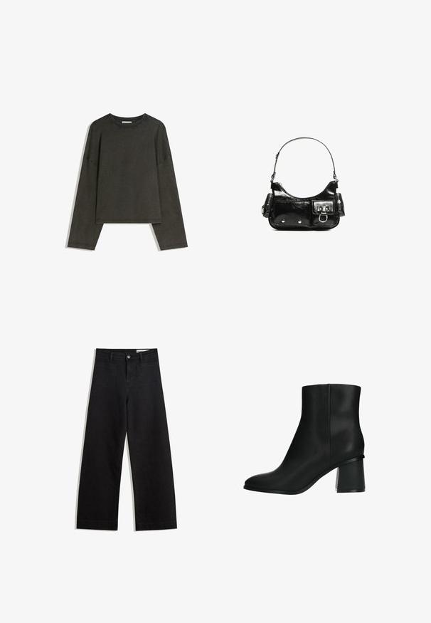 Donkergrijze lange-mouwen top gemaakt van een katoenmix. Boxy vorm met een ronde halslijn en verlaagde schouders, met zichtbare stiksels.; Zwarte denim broek met wijde pijpen en een hoge taille, voorzien van voor- en achterzakken, gestikte naden en een knoopsluiting. Gladde textuur.; Zwarte enkelboot met een elegante, gladde afwerking, spitse neus en een gedempt blokhak. Het ontwerp heeft minimalistische lijnen en geen zichtbare hardware.; Zwarte laarzen in lakleer met een gebogen vorm, één schouderband, voorvakken en accenten in zilverkleurig metaal.