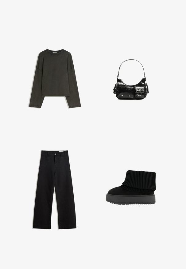 Sötétszürke, hosszú ujjú felső, pamut-összeállítású anyagból. Téglalap alakú, kerek nyakkivágással és lejjebb húzott vállakkal, látható varrásokkal.; Fekete, bő szabású farmernadrág magas derékkal, elülső és hátsó zsebekkel, varrott felületekkel és gombos záródással. Sima textúra.; Fekete bokacsizma bordázott kötött gallérral és lapos, textúrált talppal. Suede és elasztikus anyagok kombinációjából készült.; Fekete lakkbőr kézitáska ívelt formával, egy vállpánttal, elülső zsebekkel és ezüstszínű fémrészletekkel.