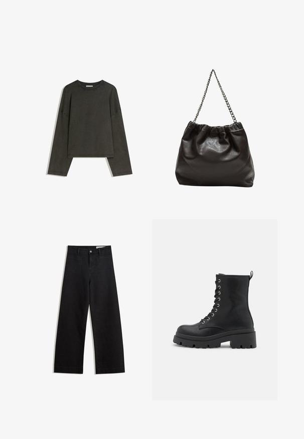 Tamna siva majica dugih rukava izrađena od pamuka i elastina. Kutni kroj s okruglim izrezom i spuštenim ramenima, s vidljivim šavovima.; Crne široke traperice s visokim strukom, s prednjim i stražnjim džepovima, šivenim šavovima i kopčanjem na gumb. Glatka tekstura.; Crne čipkaste gležnjače s masivnim potplatom, glatke teksture, srebrnim detaljima i trakom na stražnjoj strani za lakše obuvanje.; Smeđa kožna torba s naboranim vrhom i lančićem za nošenje. Glatka tekstura s sjajnim završetkom i suptilnim šavnim detaljima sa strane.