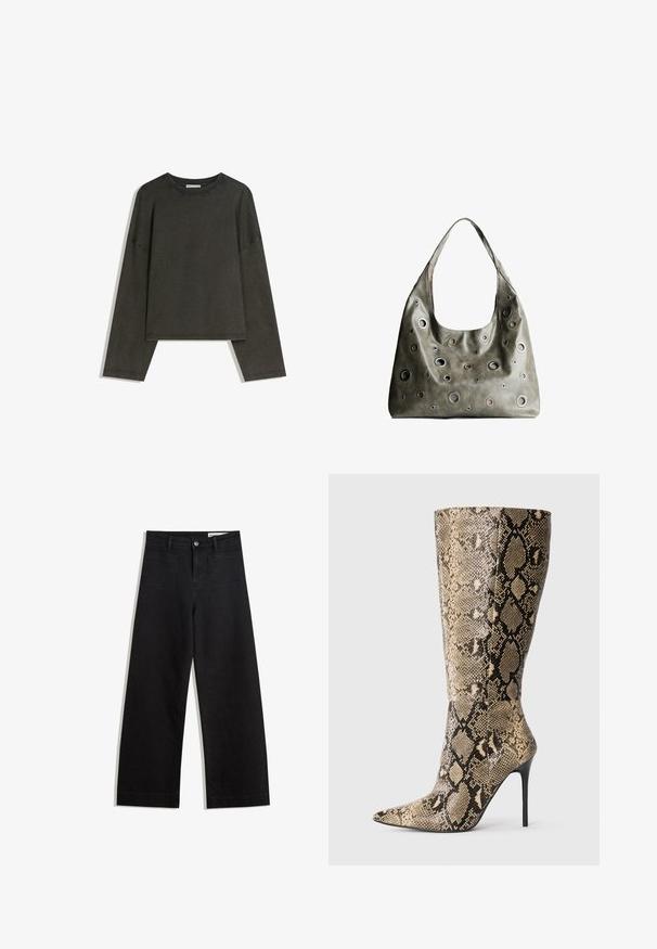 Tricou lung cu maneci gri închis, realizat dintr-un amestec de bumbac. Formă pătrată cu guler rotund și umeri căzuți, prezentând cusături vizibile.; Pantaloni din denim negri cu picioare largi, cu talie înaltă, având buzunare frontale și posterioare, cusături dublate și închidere cu nasture. Textură netedă.; Botă cu toc stiletto până la genunchi, cu vârf ascuțit și model de șarpe în nuanțe de bej și negru, prezentată din lateral pe un fundal simplu.; Geantă din piele de culoare verde măslin, cu un design relaxat, având decupaje circulare de diverse dimensiuni și accente în nuanțe mai închise și mai clare.