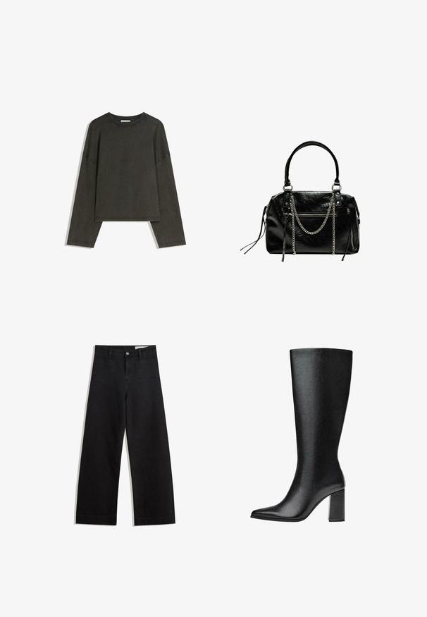 Ciemnoszara bluzka z długim rękawem wykonana z mieszanki bawełny. Prosty krój z okrągłym dekoltem i opuszczonymi ramionami, z widocznymi szwami.; Czarne dżinsowe spodnie o szerokich nogawkach i wysokim stanie, z przednimi i tylnymi kieszeniami, przeszyciami oraz zapięciem na guziki. Gładka struktura.; Czarne, sięgające kolan botki wykonane z sztucznej skóry, o spiczastym nosku, gładkiej fakturze i masywnym obcasie. Minimalistyczny design bez widocznych akcentów.; Bershka - Torebka