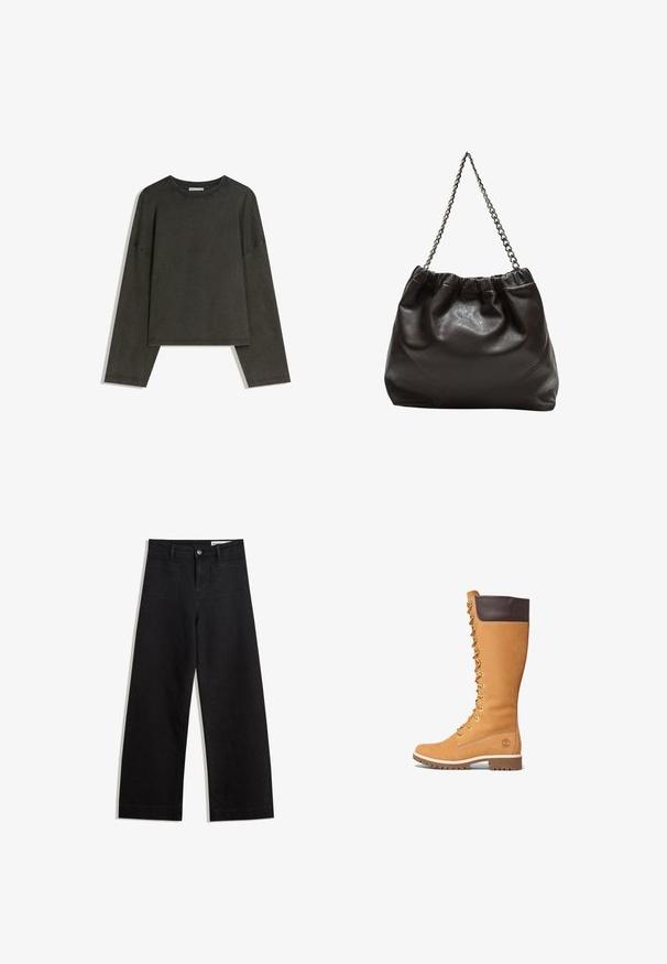 Ciemnoszara bluzka z długim rękawem wykonana z mieszanki bawełny. Prosty krój z okrągłym dekoltem i opuszczonymi ramionami, z widocznymi szwami.; Czarne dżinsowe spodnie o szerokich nogawkach i wysokim stanie, z przednimi i tylnymi kieszeniami, przeszyciami oraz zapięciem na guziki. Gładka struktura.; Timberland - Kozaki sznurowane; Brązowa skórzana torba z marszczonym szczytem i łańcuszkowym paskiem. Gładka tekstura z błyszczącym wykończeniem i subtelnymi detalami szwów po bokach.