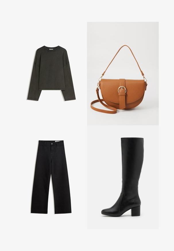 Donkergrijze lange-mouwen top gemaakt van een katoenmix. Boxy vorm met een ronde halslijn en verlaagde schouders, met zichtbare stiksels.; Zwarte denim broek met wijde pijpen en een hoge taille, voorzien van voor- en achterzakken, gestikte naden en een knoopsluiting. Gladde textuur.; Knielange zwarte leren laarzen met een gladde textuur, ronde neus, zijpaneel en een chunky blokhak.; Bruine leren schoudertas met een gebogen vorm, gouden hardware en een gespaccent. Bevat een afneembare schouderriem.