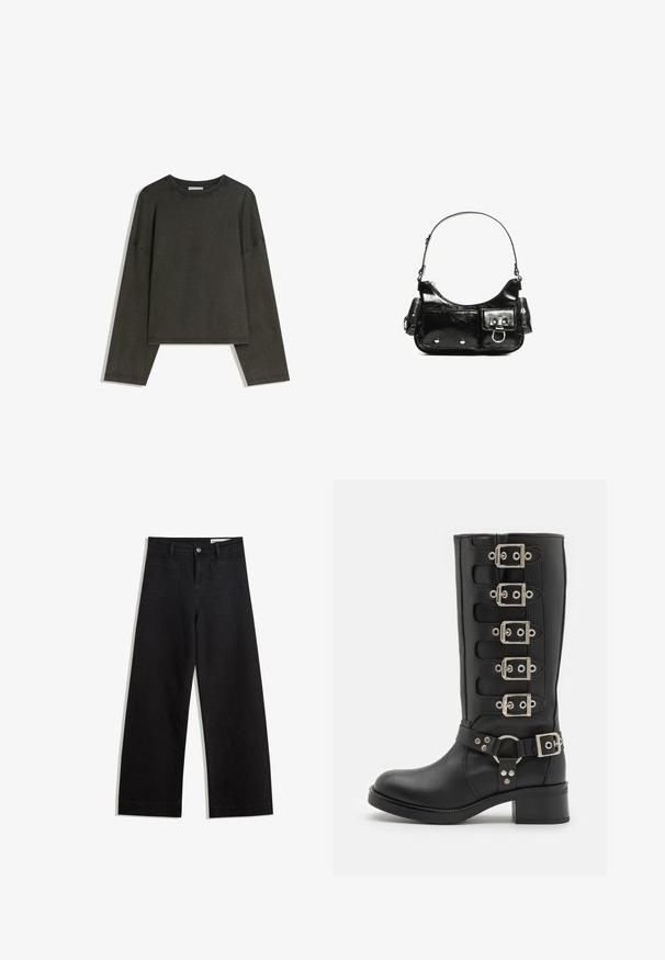 Temno siva dolga majica z dolgimi rokavi, izdelana iz bombažnega vlakna. Ima kvadratno obliko, okrogel izrez in spuščene ramena, z vidnimi šivi.; Črne široke denim hlače z visokim pasom, ki imajo sprednje in zadnje žepe, šivane šive ter gumbasto zapiranje. Gladka tekstura.; Črne gležnjarje do kolen, izdelane iz gladke usnje, z šestimi srebrnimi zaponkami, širokim trakom z O-obročem in trdnim blokom.; Črna lakasta usnjena torbica s ukrivljeno obliko, enim ramenskim trakom, sprednjimi žepi in srebrnimi kovinskimi dodatki.