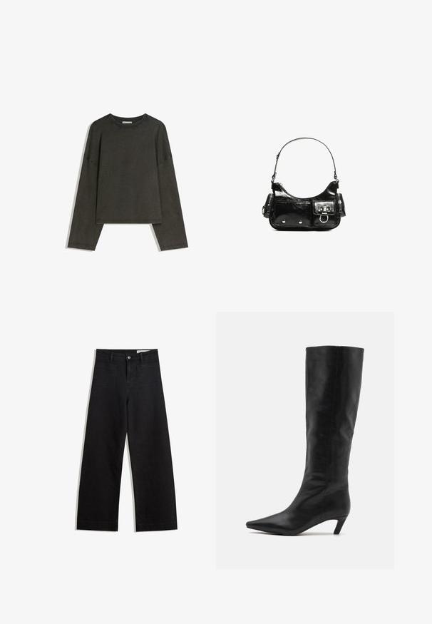 Sötétszürke, hosszú ujjú felső, pamut-összeállítású anyagból. Téglalap alakú, kerek nyakkivágással és lejjebb húzott vállakkal, látható varrásokkal.; Fekete, bő szabású farmernadrág magas derékkal, elülső és hátsó zsebekkel, varrott felületekkel és gombos záródással. Sima textúra.; RAID FLAURA - Csizmák - black; Fekete lakkbőr kézitáska ívelt formával, egy vállpánttal, elülső zsebekkel és ezüstszínű fémrészletekkel.