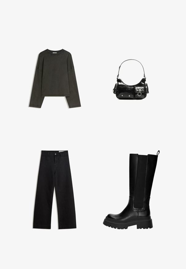 Donkergrijze lange-mouwen top gemaakt van een katoenmix. Boxy vorm met een ronde halslijn en verlaagde schouders, met zichtbare stiksels.; Zwarte denim broek met wijde pijpen en een hoge taille, voorzien van voor- en achterzakken, gestikte naden en een knoopsluiting. Gladde textuur.; Knielange zwarte leren laarzen met elastische zijpanelen, stevige rubberen zool en een stevige hak. Gladde textuur met minimale stikdetails.; Zwarte laarzen in lakleer met een gebogen vorm, één schouderband, voorvakken en accenten in zilverkleurig metaal.