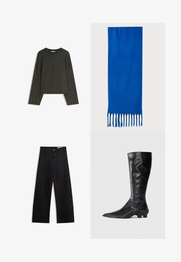 Tmavě šedý dlouhý rukáv top vyrobený z bavlněné směsi. Krabicový střih s kulatým výstřihem a spadlými rameny, s viditelným šitím.; Černé denimové kalhoty s volným střihem a vysokým pasem, vybavené předními a zadními kapsami, prošívanými švy a knoflíkovým zapínáním. Hladká textura.; Černé vysoké kozačky vyrobené z hladké kůže, s špičatou špičkou a texturovaným, silným podpatkem pro lepší grip.; Modrý šátek s třásněmi vyrobený z měkké tkaniny; má jednobarevný vzhled s texturovaným povrchem a rovnoměrně střiženými třásněmi na spodní straně.; Černá kožená kabelka s křivkovým tvarem, odnímatelným popruhem a zlatými detaily. Kabelka má klopu s přezkou.