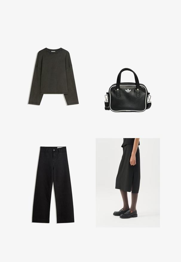 Tmavě šedý dlouhý rukáv top vyrobený z bavlněné směsi. Krabicový střih s kulatým výstřihem a spadlými rameny, s viditelným šitím.; Černé denimové kalhoty s volným střihem a vysokým pasem, vybavené předními a zadními kapsami, prošívanými švy a knoflíkovým zapínáním. Hladká textura.; Černá sukně ke kolenům s bočním rozparkem, v kombinaci s černými loafers a průhlednými hnědými punčochami, vyrobená z hladkého materiálu a s jednoduchým designem.; Černá kožená kabelka se dvěma krátkými uchy, stříbrným kováním, bílými detaily a bílým logem. Má texturovaný povrch a kompaktní design.