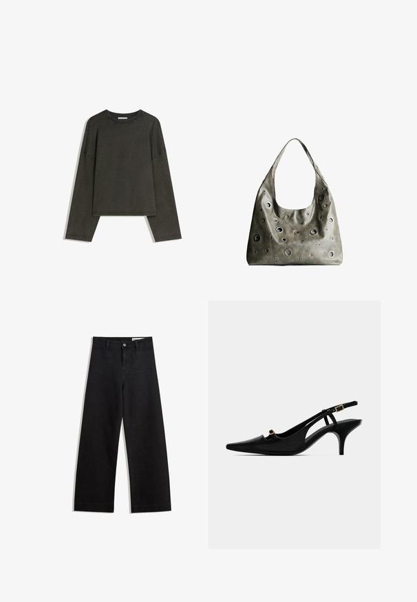 Mørkegrå langærmet top lavet af bomuldsblanding. Kasseformet med en rund halsudskæring og sænkede skuldre, med synlige syninger.; Sorte wide-leg denim bukser med høj talje, der har front- og baglommer, syede sømme og en knaplukning. Glat tekstur.; Sorte spidse slingback-pumper med lav bøjet hæl og lille guldfarvet spænde på forreste rem og ankelrem.; Oliven grøn læderhåndtaske med et slouchy design, der har forskellige størrelser af cirkulære udskæringer og accenter i mørkere og lysere nuancer.